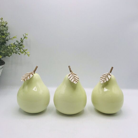 3 Pears Green Glazed Ceramic With Metal Leaf and Stem 4" Tall Modern Farmhouse - Picture 1 of 5